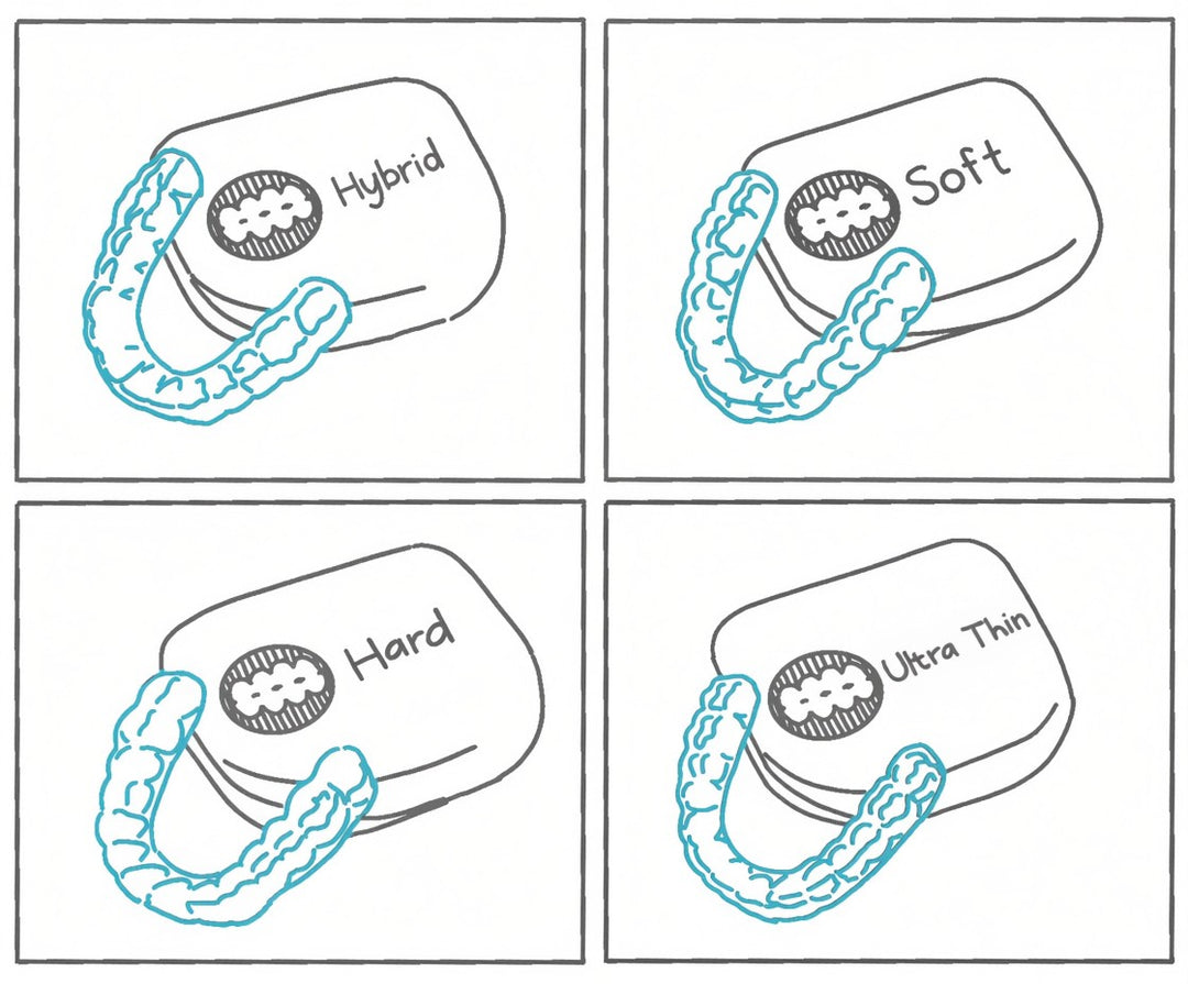 Illustration showing four different types of enCore guards - hybrid, hard, soft, and ultra thin.
